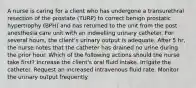 A nurse is caring for a client who has undergone a transurethral resection of the prostate (TURP) to correct benign prostatic hypertrophy (BPH) and has returned to the unit from the post anesthesia care unit with an indwelling urinary catheter. For several hours, the client's urinary output is adequate. After 5 hr, the nurse notes that the catheter has drained no urine during the prior hour. Which of the following actions should the nurse take first? Increase the client's oral fluid intake. Irrigate the catheter. Request an increased intravenous fluid rate. Monitor the urinary output frequently.