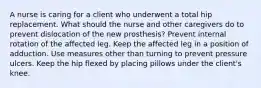 A nurse is caring for a client who underwent a total hip replacement. What should the nurse and other caregivers do to prevent dislocation of the new prosthesis? Prevent internal rotation of the affected leg. Keep the affected leg in a position of adduction. Use measures other than turning to prevent pressure ulcers. Keep the hip flexed by placing pillows under the client's knee.