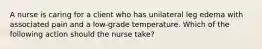 A nurse is caring for a client who has unilateral leg edema with associated pain and a low-grade temperature. Which of the following action should the nurse take?