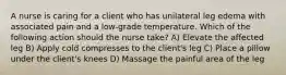 A nurse is caring for a client who has unilateral leg edema with associated pain and a low-grade temperature. Which of the following action should the nurse take? A) Elevate the affected leg B) Apply cold compresses to the client's leg C) Place a pillow under the client's knees D) Massage the painful area of the leg