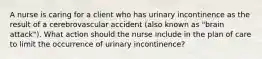 A nurse is caring for a client who has urinary incontinence as the result of a cerebrovascular accident (also known as "brain attack"). What action should the nurse include in the plan of care to limit the occurrence of urinary incontinence?