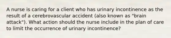 A nurse is caring for a client who has urinary incontinence as the result of a cerebrovascular accident (also known as "brain attack"). What action should the nurse include in the plan of care to limit the occurrence of urinary incontinence?