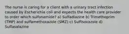 The nurse is caring for a client with a urinary tract infection caused by Escherichia coli and expects the health care provider to order which sulfonamide? a) Sulfadiazine b) Trimethoprim (TMP) and sulfamethoxazole (SMZ) c) Sulfisoxazole d) Sulfasalazine