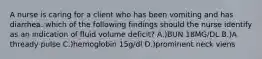 A nurse is caring for a client who has been vomiting and has diarrhea. which of the following findings should the nurse identify as an indication of fluid volume deficit? A.)BUN 18MG/DL B.)A thready pulse C.)hemoglobin 15g/dl D.)prominent neck viens