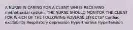 A NURSE IS CARING FOR A CLIENT WHI IS RECEIVING methohexital sodium. THE NURSE SHOULD MONITOR THE CLIENT FOR WHICH OF THE FOLLOWING ADVERSE EFFECTS? Cardiac excitability Respiratory depression Hyperthermia Hypertension