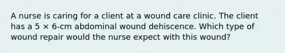 A nurse is caring for a client at a wound care clinic. The client has a 5 × 6-cm abdominal wound dehiscence. Which type of wound repair would the nurse expect with this wound?