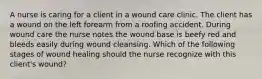 A nurse is caring for a client in a wound care clinic. The client has a wound on the left forearm from a roofing accident. During wound care the nurse notes the wound base is beefy red and bleeds easily during wound cleansing. Which of the following stages of wound healing should the nurse recognize with this client's wound?