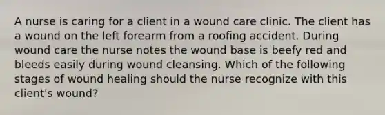 A nurse is caring for a client in a wound care clinic. The client has a wound on the left forearm from a roofing accident. During wound care the nurse notes the wound base is beefy red and bleeds easily during wound cleansing. Which of the following stages of wound healing should the nurse recognize with this client's wound?