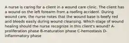 A nurse is caring for a client in a wound care clinic. The client has a wound on the left forearm from a roofing accident. During wound care, the nurse notes that the wound base is beefy red and bleeds easily during wound cleansing. Which stage of wound healing should the nurse recognize in this client's wound? A-proliferation phase B-maturation phase C-hemostasis D-inflammatory phase