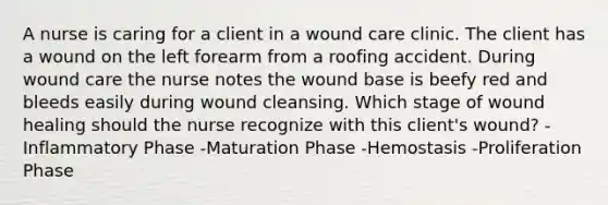 A nurse is caring for a client in a wound care clinic. The client has a wound on the left forearm from a roofing accident. During wound care the nurse notes the wound base is beefy red and bleeds easily during wound cleansing. Which stage of wound healing should the nurse recognize with this client's wound? -Inflammatory Phase -Maturation Phase -Hemostasis -Proliferation Phase