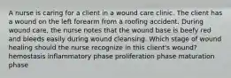 A nurse is caring for a client in a wound care clinic. The client has a wound on the left forearm from a roofing accident. During wound care, the nurse notes that the wound base is beefy red and bleeds easily during wound cleansing. Which stage of wound healing should the nurse recognize in this client's wound? hemostasis inflammatory phase proliferation phase maturation phase