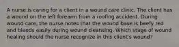 A nurse is caring for a client in a wound care clinic. The client has a wound on the left forearm from a roofing accident. During wound care, the nurse notes that the wound base is beefy red and bleeds easily during wound cleansing. Which stage of wound healing should the nurse recognize in this client's wound?