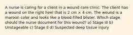 A nurse is caring for a client in a wound care clinic. The client has a wound on the right heel that is 2 cm × 4 cm. The wound is a maroon color and looks like a blood-filled blister. Which stage should the nurse document for this wound? a) Stage III b) Unstageable c) Stage II d) Suspected deep tissue injury