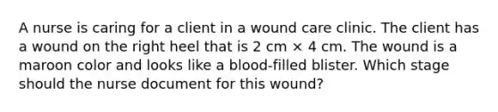 A nurse is caring for a client in a wound care clinic. The client has a wound on the right heel that is 2 cm × 4 cm. The wound is a maroon color and looks like a blood-filled blister. Which stage should the nurse document for this wound?