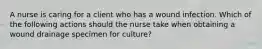 A nurse is caring for a client who has a wound infection. Which of the following actions should the nurse take when obtaining a wound drainage specimen for culture?