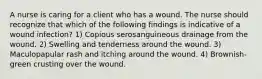 A nurse is caring for a client who has a wound. The nurse should recognize that which of the following findings is indicative of a wound infection? 1) Copious serosanguineous drainage from the wound. 2) Swelling and tenderness around the wound. 3) Maculopapular rash and itching around the wound. 4) Brownish-green crusting over the wound.