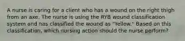 A nurse is caring for a client who has a wound on the right thigh from an axe. The nurse is using the RYB wound classification system and has classified the wound as "Yellow." Based on this classification, which nursing action should the nurse perform?