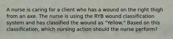 A nurse is caring for a client who has a wound on the right thigh from an axe. The nurse is using the RYB wound classification system and has classified the wound as "Yellow." Based on this classification, which nursing action should the nurse perform?