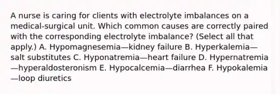 A nurse is caring for clients with electrolyte imbalances on a medical-surgical unit. Which common causes are correctly paired with the corresponding electrolyte imbalance? (Select all that apply.) A. Hypomagnesemia—kidney failure B. Hyperkalemia—salt substitutes C. Hyponatremia—heart failure D. Hypernatremia—hyperaldosteronism E. Hypocalcemia—diarrhea F. Hypokalemia—loop diuretics