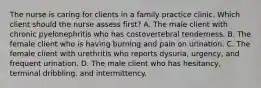 The nurse is caring for clients in a family practice clinic. Which client should the nurse assess first? A. The male client with chronic pyelonephritis who has costovertebral tenderness. B. The female client who is having burning and pain on urination. C. The female client with urethritis who reports dysuria, urgency, and frequent urination. D. The male client who has hesitancy, terminal dribbling, and intermittency.