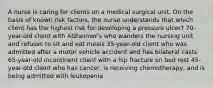 A nurse is caring for clients on a medical surgical unit. On the basis of known risk factors, the nurse understands that which client has the highest risk for developing a pressure ulcer? 70-year-old client with Alzheimer's who wanders the nursing unit and refuses to sit and eat meals 35-year-old client who was admitted after a motor vehicle accident and has bilateral casts 65-year-old incontinent client with a hip fracture on bed rest 45-year-old client who has cancer, is receiving chemotherapy, and is being admitted with leukopenia