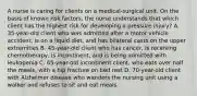 A nurse is caring for clients on a medical-surgical unit. On the basis of known risk factors, the nurse understands that which client has the highest risk for developing a pressure injury? A. 35-year-old client who was admitted after a motor vehicle accident, is on a liquid diet, and has bilateral casts on the upper extremities B. 45-year-old client who has cancer, is receiving chemotherapy, is incontinent, and is being admitted with leukopenia C. 65-year-old incontinent client, who eats over half the meals, with a hip fracture on bed rest D. 70-year-old client with Alzheimer disease who wanders the nursing unit using a walker and refuses to sit and eat meals