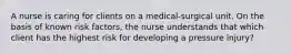 A nurse is caring for clients on a medical-surgical unit. On the basis of known risk factors, the nurse understands that which client has the highest risk for developing a pressure injury?