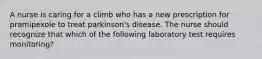 A nurse is caring for a climb who has a new prescription for pramipexole to treat parkinson's disease. The nurse should recognize that which of the following laboratory test requires monitoring?