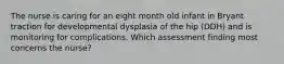 The nurse is caring for an eight month old infant in Bryant traction for developmental dysplasia of the hip (DDH) and is monitoring for complications. Which assessment finding most concerns the nurse?