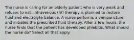 The nurse is caring for an elderly patient who is very weak and refuses to eat. Intravenous (IV) therapy is planned to restore fluid and electrolyte balance. A nurse performs a venipuncture and initiates the prescribed fluid therapy. After a few hours, the nurse finds that the patient has developed phlebitis. What should the nurse do? Select all that apply.