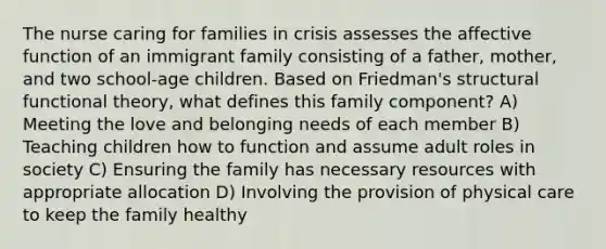 The nurse caring for families in crisis assesses the affective function of an immigrant family consisting of a father, mother, and two school-age children. Based on Friedman's structural functional theory, what defines this family component? A) Meeting the love and belonging needs of each member B) Teaching children how to function and assume adult roles in society C) Ensuring the family has necessary resources with appropriate allocation D) Involving the provision of physical care to keep the family healthy