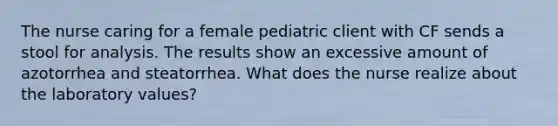 The nurse caring for a female pediatric client with CF sends a stool for analysis. The results show an excessive amount of azotorrhea and steatorrhea. What does the nurse realize about the laboratory values?