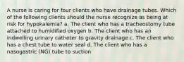 A nurse is caring for four clients who have drainage tubes. Which of the following clients should the nurse recognize as being at risk for hypokalemia? a. The client who has a tracheostomy tube attached to humidified oxygen b. The client who has an indwelling urinary catheter to gravity drainage c. The client who has a chest tube to water seal d. The client who has a nasogastric (NG) tube to suction