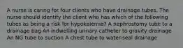 A nurse is caring for four clients who have drainage tubes. The nurse should identify the client who has which of the following tubes as being a risk for hypokalemia? A nephrostomy tube to a drainage bag An indwelling urinary catheter to gravity drainage An NG tube to suction A chest tube to water-seal drainage