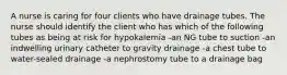 A nurse is caring for four clients who have drainage tubes. The nurse should identify the client who has which of the following tubes as being at risk for hypokalemia -an NG tube to suction -an indwelling urinary catheter to gravity drainage -a chest tube to water-sealed drainage -a nephrostomy tube to a drainage bag