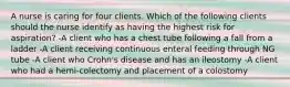 A nurse is caring for four clients. Which of the following clients should the nurse identify as having the highest risk for aspiration? -A client who has a chest tube following a fall from a ladder -A client receiving continuous enteral feeding through NG tube -A client who Crohn's disease and has an ileostomy -A client who had a hemi-colectomy and placement of a colostomy