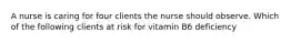 A nurse is caring for four clients the nurse should observe. Which of the following clients at risk for vitamin B6 deficiency