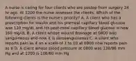 A nurse is caring for four clients who are postop from surgery 24 hr ago. At 1200 the nurse assesses the clients. Which of the following clients is the nurse's priority? A. A client who has a prescription for insulin and his premeal capillary blood glucose was 110 mg/dL and his post-meal capillary blood glucose is now 160 mg/dL B. A client whose wound drainage at 0800 was sanguineous and now it is serosanguineous C. A client who reports pain as 4 on a scale of 1 to 10 at 0800 now reports pain as 6 D. A client whose blood pressure at 0800 was 138/86 mm Hg and at 1200 is 106/60 mm Hg