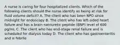 A nurse is caring for four hospitalized clients. Which of the following clients should the nurse identify as being at risk for fluid volume deficit? A. The client who has been NPO since midnight for endoscopy B. The client who has left-sided heart failure and has a brain natriuretic peptide (BNP) level of 600 pg/mL C. The client who has end-stage renal failure and is scheduled for dialysis today D. The client who has gastroenteritis and is febrile