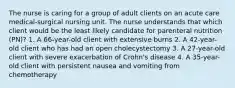 The nurse is caring for a group of adult clients on an acute care medical-surgical nursing unit. The nurse understands that which client would be the least likely candidate for parenteral nutrition (PN)? 1. A 66-year-old client with extensive burns 2. A 42-year-old client who has had an open cholecystectomy 3. A 27-year-old client with severe exacerbation of Crohn's disease 4. A 35-year-old client with persistent nausea and vomiting from chemotherapy