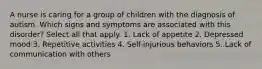 A nurse is caring for a group of children with the diagnosis of autism. Which signs and symptoms are associated with this disorder? Select all that apply. 1. Lack of appetite 2. Depressed mood 3. Repetitive activities 4. Self-injurious behaviors 5. Lack of communication with others