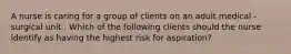 A nurse is caring for a group of clients on an adult medical - surgical unit . Which of the following clients should the nurse identify as having the highest risk for aspiration?