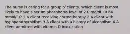 The nurse is caring for a group of clients. Which client is most likely to have a serum phosphorus level of 2.0 mg/dL (0.64 mmol/L)? 1.A client receiving chemotherapy 2.A client with hypoparathyroidism 3.A client with a history of alcoholism 4.A client admitted with vitamin D intoxication