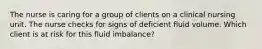 The nurse is caring for a group of clients on a clinical nursing unit. The nurse checks for signs of deficient fluid volume. Which client is at risk for this fluid imbalance?