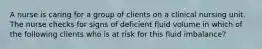 A nurse is caring for a group of clients on a clinical nursing unit. The nurse checks for signs of deficient fluid volume in which of the following clients who is at risk for this fluid imbalance?