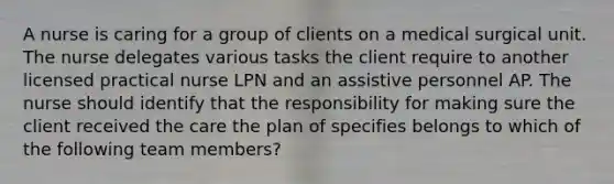 A nurse is caring for a group of clients on a medical surgical unit. The nurse delegates various tasks the client require to another <a href='https://www.questionai.com/knowledge/kVzuq3sylH-licensed-practical-nurse' class='anchor-knowledge'>licensed practical nurse</a> LPN and an assistive personnel AP. The nurse should identify that the responsibility for making sure the client received the care the plan of specifies belongs to which of the following team members?