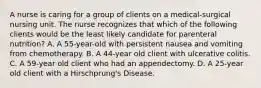 A nurse is caring for a group of clients on a medical-surgical nursing unit. The nurse recognizes that which of the following clients would be the least likely candidate for parenteral nutrition? A. A 55-year-old with persistent nausea and vomiting from chemotherapy. B. A 44-year old client with ulcerative colitis. C. A 59-year old client who had an appendectomy. D. A 25-year old client with a Hirschprung's Disease.