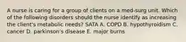 A nurse is caring for a group of clients on a med-surg unit. Which of the following disorders should the nurse identify as increasing the client's metabolic needs? SATA A. COPD B. hypothyroidism C. cancer D. parkinson's disease E. major burns