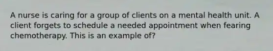 A nurse is caring for a group of clients on a mental health unit. A client forgets to schedule a needed appointment when fearing chemotherapy. This is an example of?