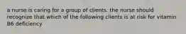 a nurse is caring for a group of clients. the nurse should recognize that which of the following clients is at risk for vitamin B6 deficiency